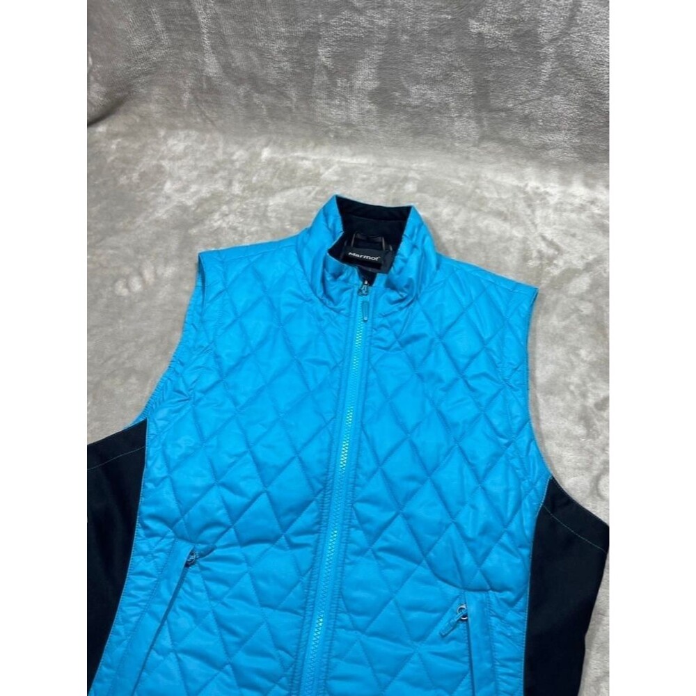 Marmot Puffer Vest Jacket Women Large Blue Black Full Zip Outdoor Hiking Trail